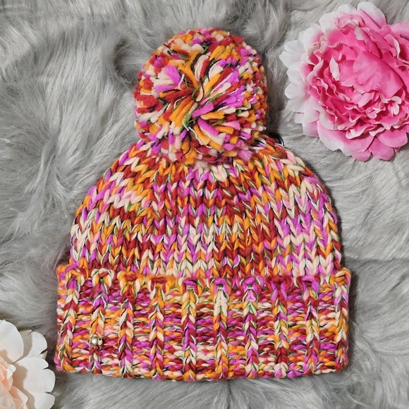 Kate Spade Hat Beanie Marker Pink Multi Wool Blend Knit Space Dye Pompom Gift